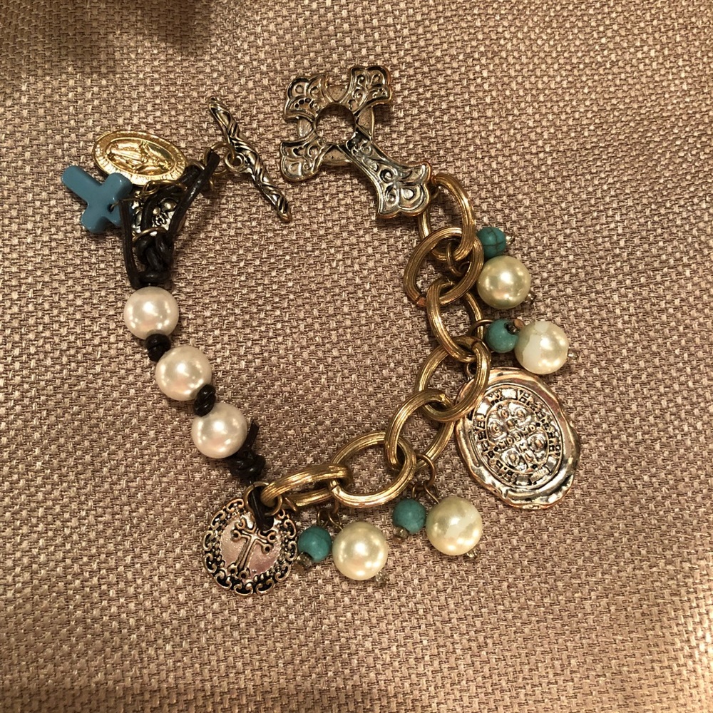 Leather look & gold tone links charm bracelet